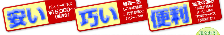 安い！バンパーのキズ\8400～。巧い！修理一筋。45年の経験二代目参戦でパワーアップ。便利！地元の強み、「引取」「納車」サービスあり。「代車」サービス（予約制）あり